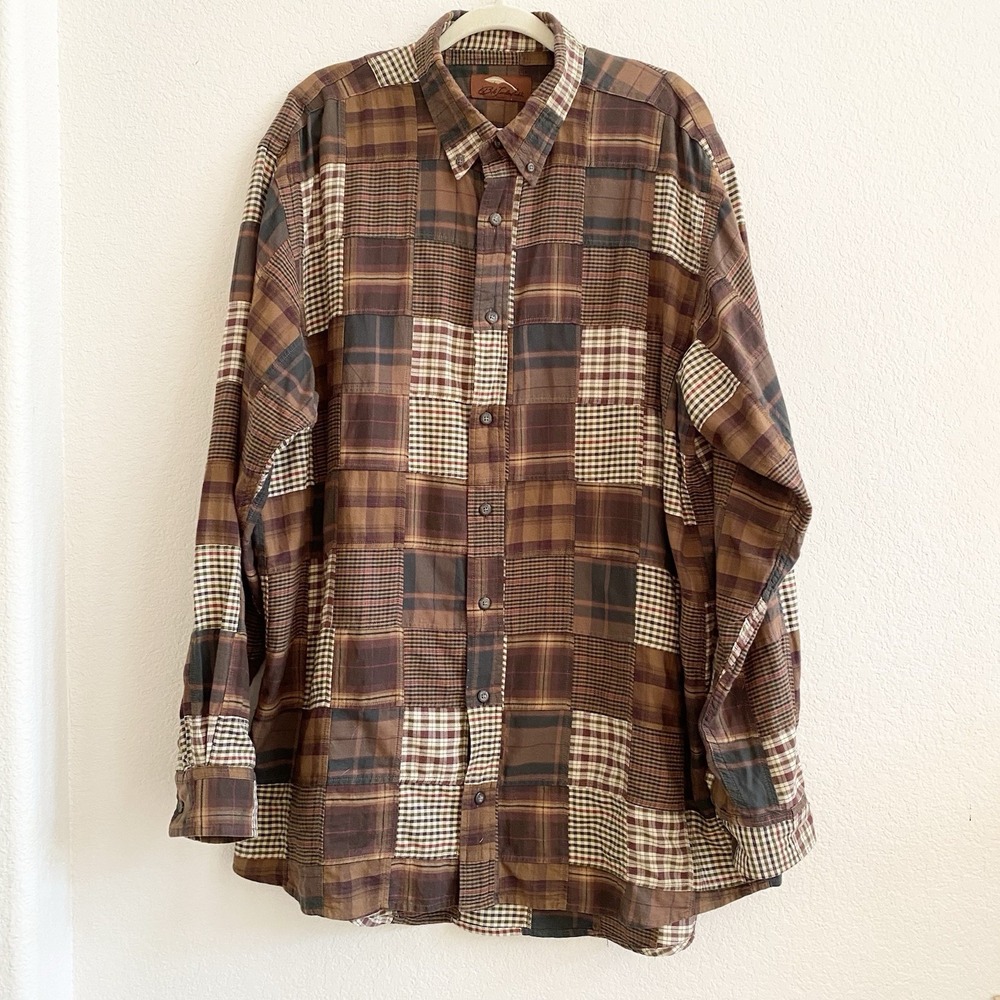 Bob Timberlake Shirt Mens XL T Tall Brown Plaid‎ Patchwork Long Sleeve Button Up